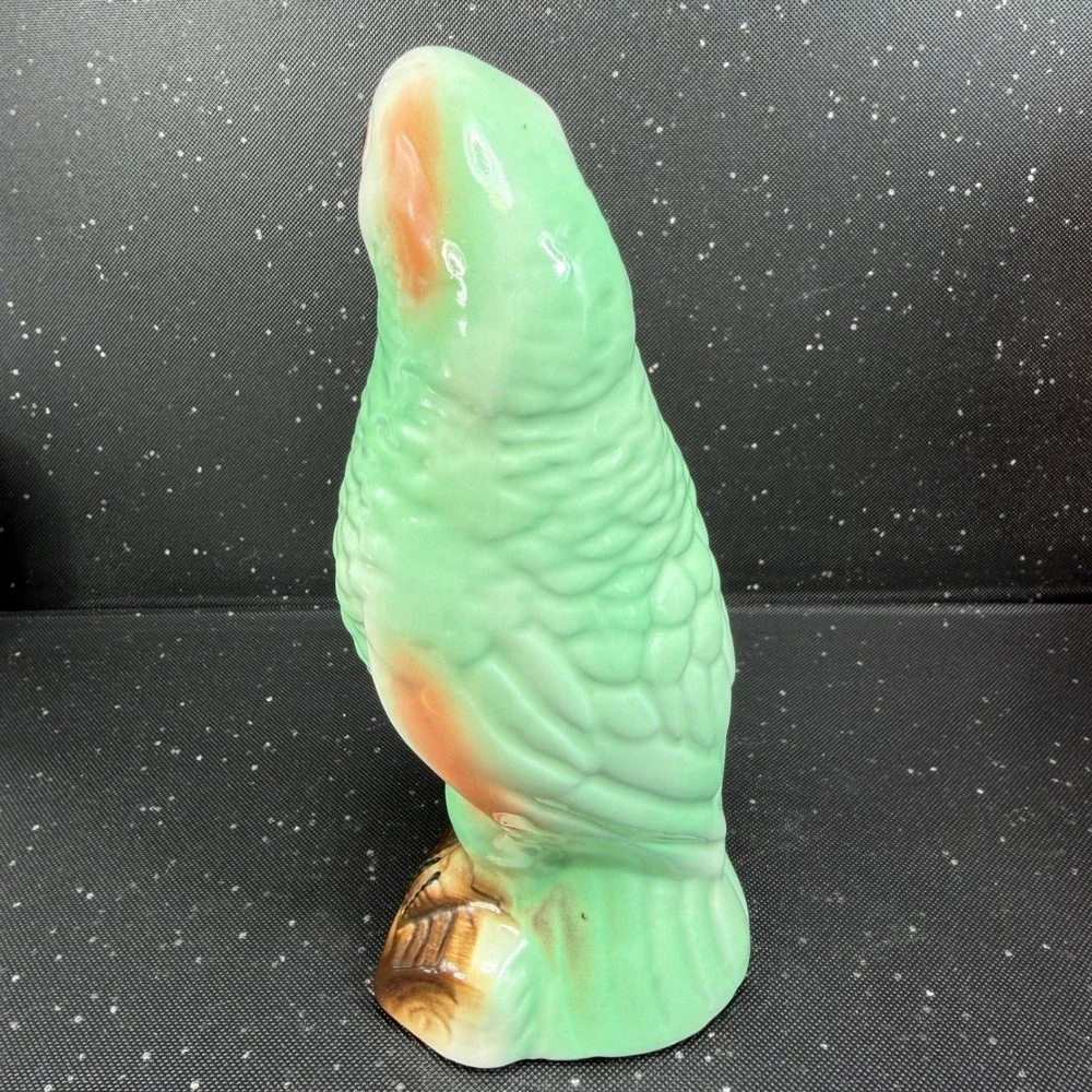 Vintage Green Parrot Ceramic Figurine Made in Brazil Tropical Bird Marked 7 inch